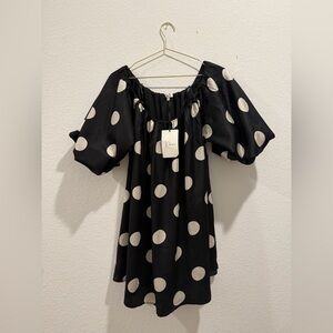 Klesis black white Polka dot puff sleeve off shoulder mini dress